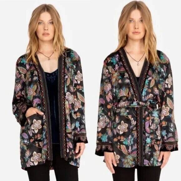 Johnny Was XL Leopard Print Silk Lined Kimono Duster Wrap Velvet Trim Pockets - Picture 1 of 14
